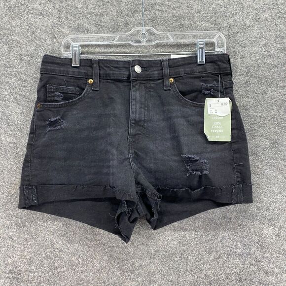 New H&M Shorts Women 10 Black Denim Dark Wash High Rise Cuffed Distressed Casual - Picture 1 of 12